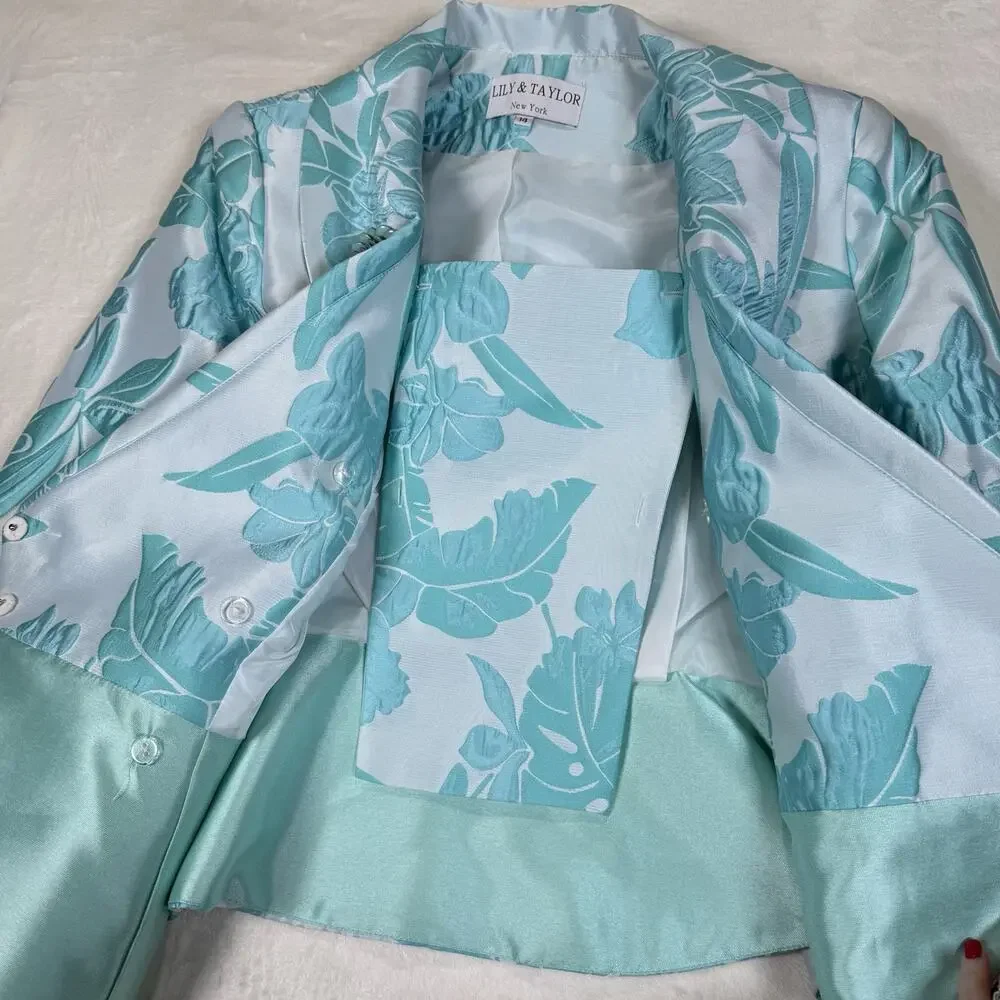 Lily & Taylor Couture Blue Jacquard Floral 2 Piece Skirt Suit Set Womens Size 14 - Picture 4 of 15